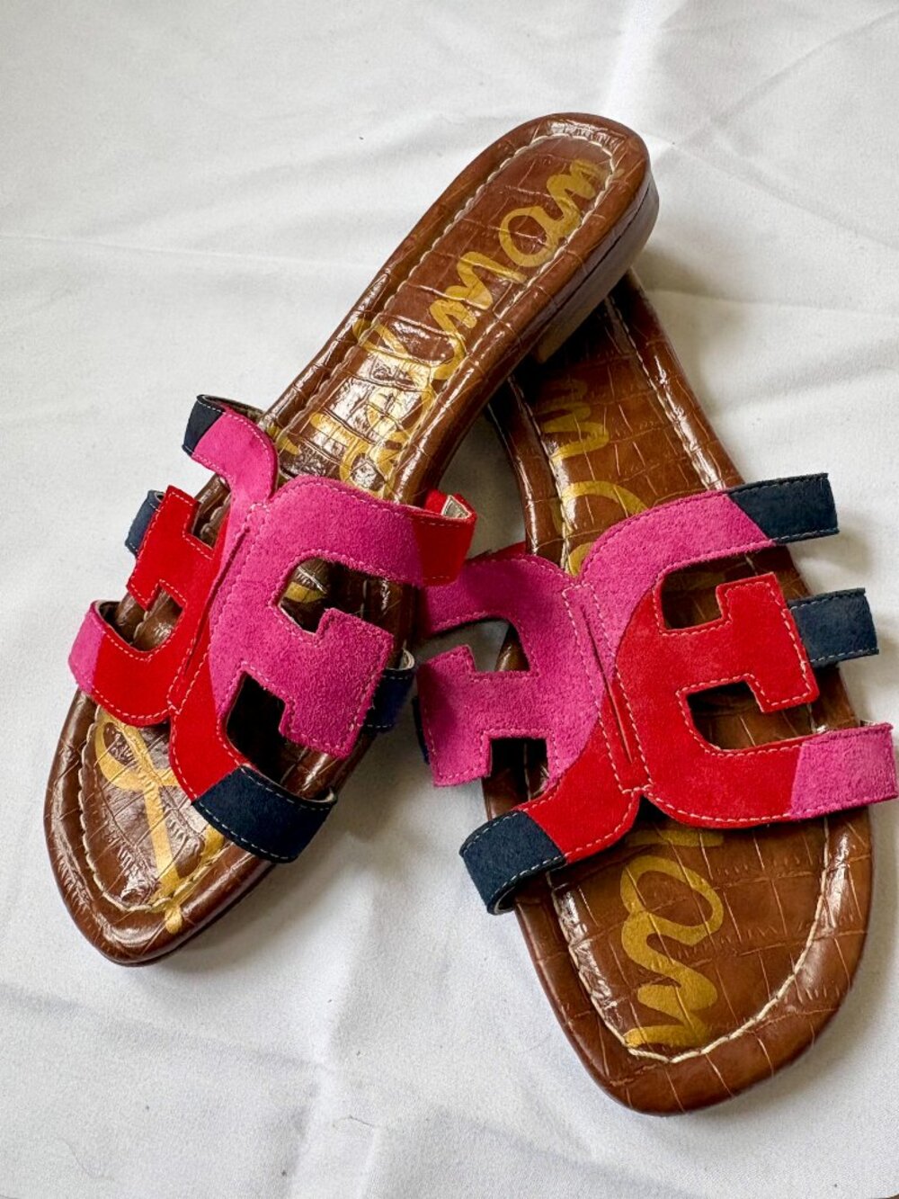 Sam Edelman Women's Bay Slide Sandals in Pink, Red & Navy Suede | Size 7.5